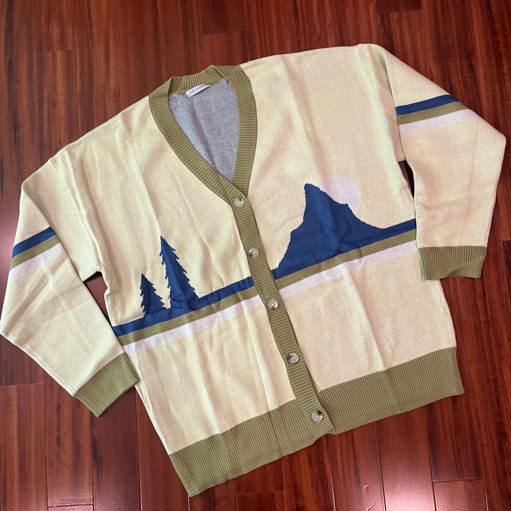 Mountain Graphic Cardigan Sweater Miss Sparkling Landscape Knit Sage‎ Green XL